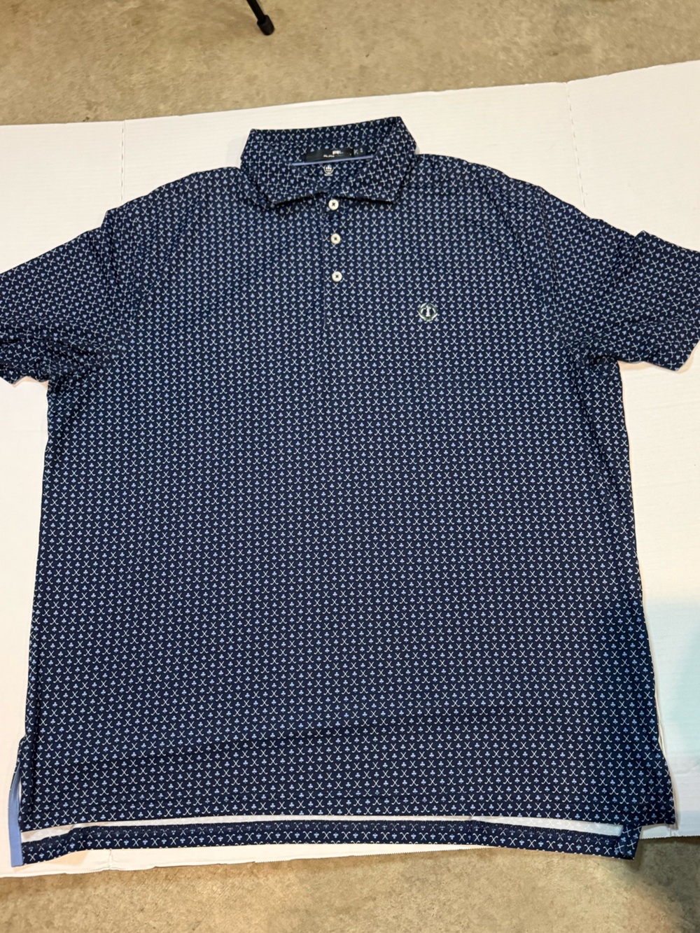 Ralph Lauren RLX Polo Shirt Mens XL Blue AOP Crossed Golf Clubs Moist Wicking